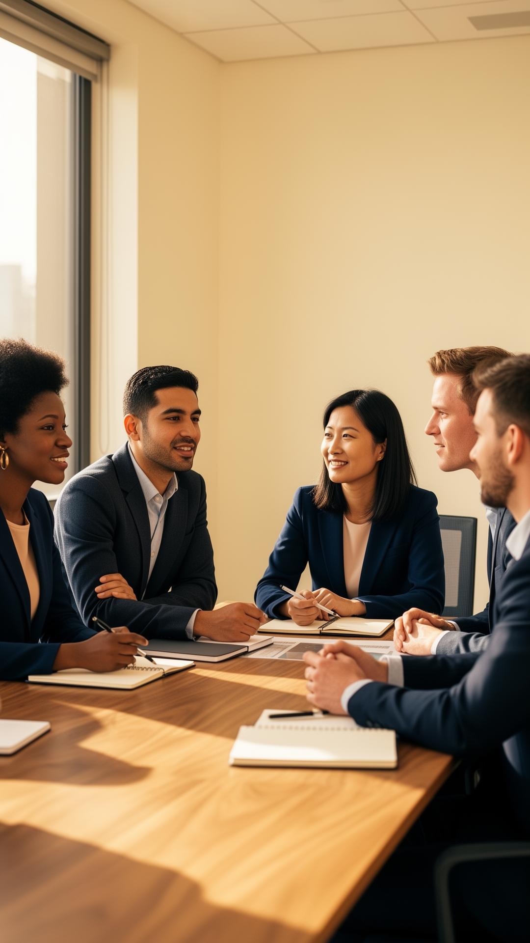 Diverse human services professionals collaborating in a sunlit office